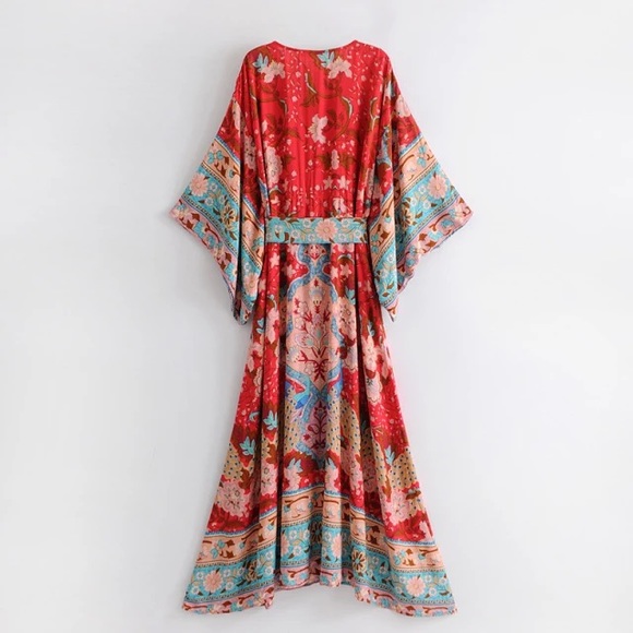 New Boho Cotton Floral Print Kimono Red Maxi Belted Dress - Picture 5 of 5